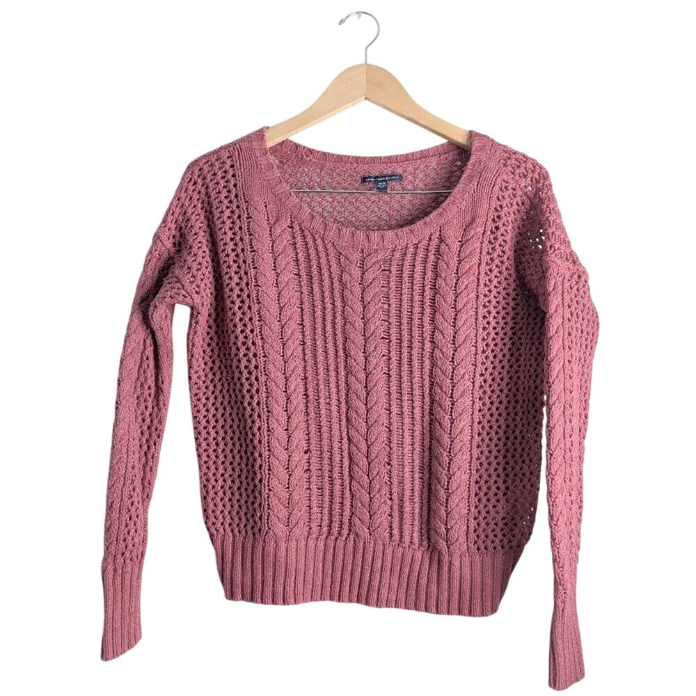 American Eagle Pink Cable Knit Open Weave Sweater XS 100% Cotton Scoop Neck